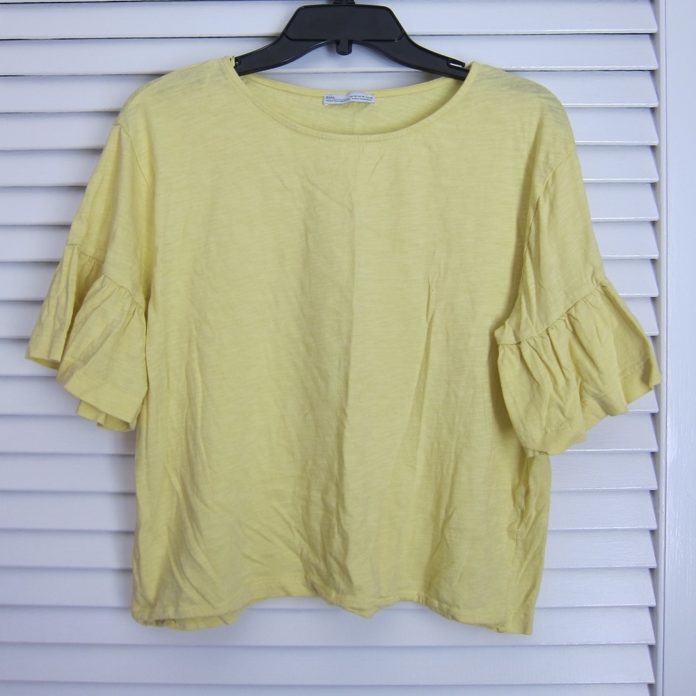 Zara Boxy Fit Ruffle Sleeve T Shirt in Butter Yellow sz M